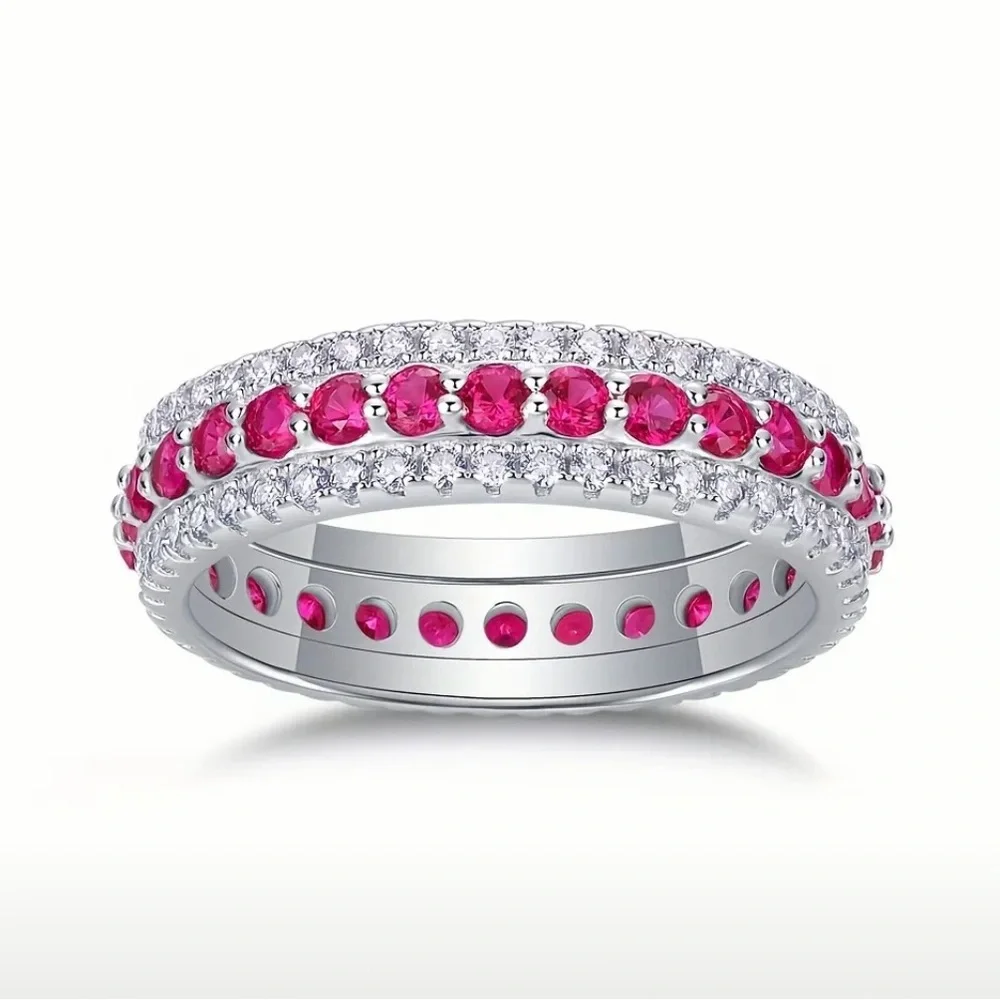 NWT Certified S925 Silver 3-Row Moissanite Ruby Inlaid Full Ring